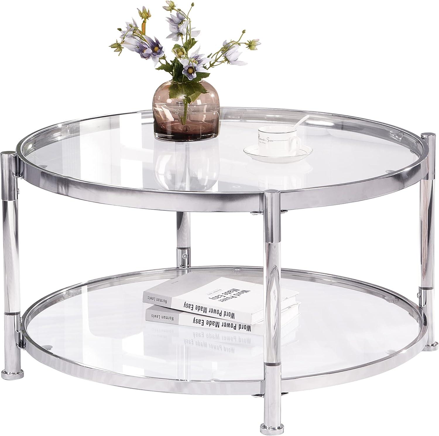 Round Chrome Acrylic and Glass Coffee Table