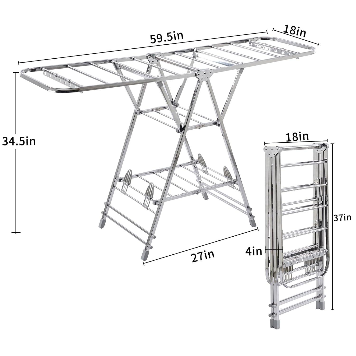 Foldable Clothes Drying Rack has 21 Rods, Non-Slip Buckle, Shoe Rack and Wheels ,Stainless Steel Laundry Drying Rack,Collapsible for Easy Storage,Rust-Proof,Works Both Indoors and Out