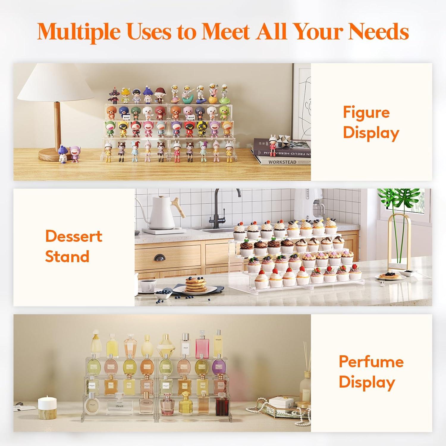 Lifewit 4 Tier Clear Display Risers Stand With Decorative Fences, Plastic 12 Inch Perfume Organizer, Display For Figures, Cupcake, Dessert, Desktop Stand For Organization And Decor, 1 Pack
