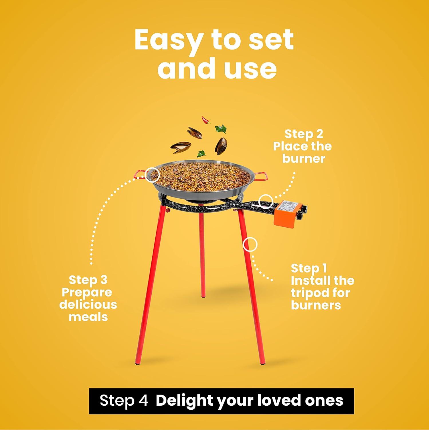 Machika Paella Pan Set with Burner Carbon Steel Outdoor Pan and Legs Manufactured by Garcima (Andreu I 12 Servings)