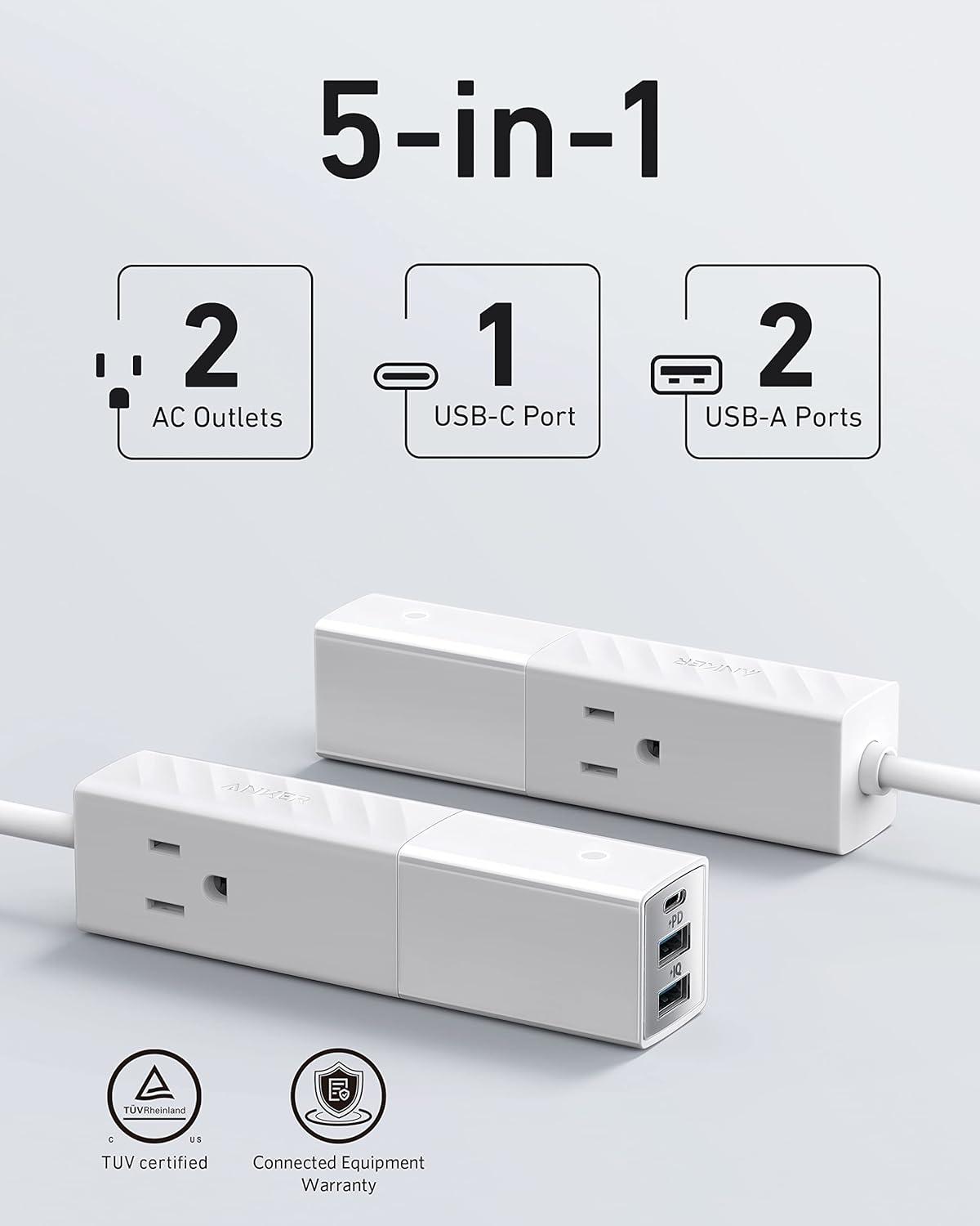 White Portable USB-C Power Strip with 2 Outlets and 3 USB Ports