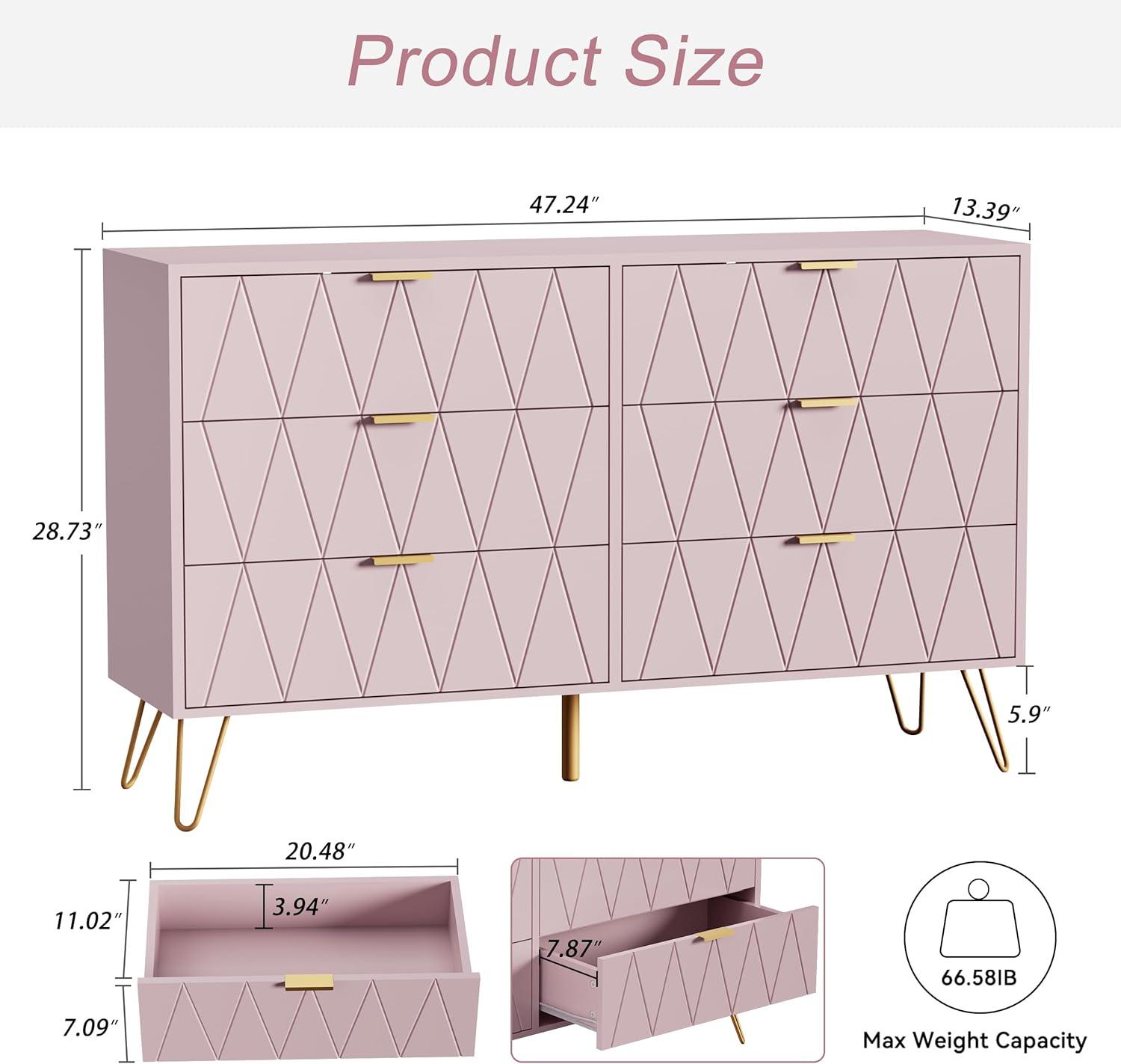 Large Pink Modern 6-Drawer Dresser with Gold Handles