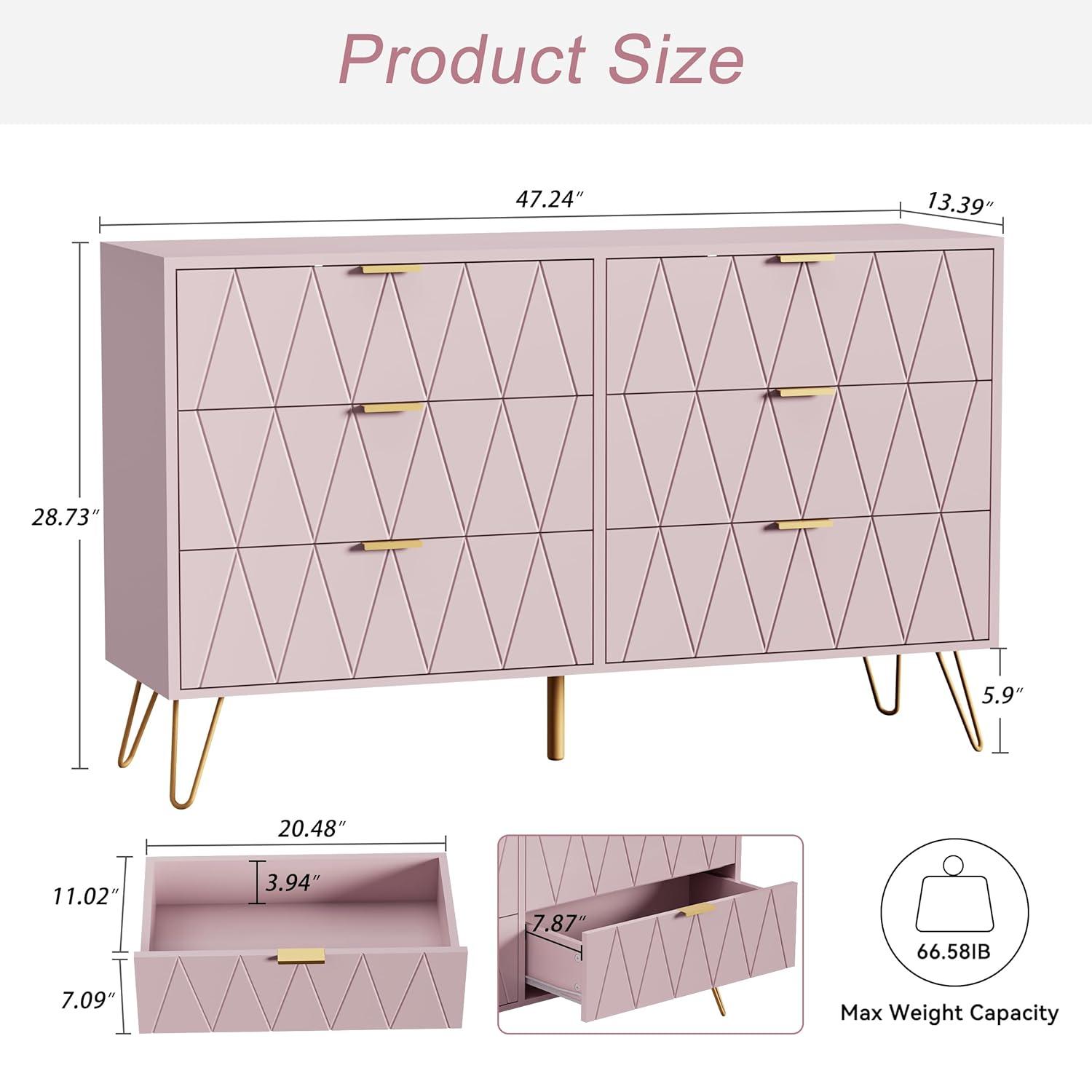 UEV 6 Drawer Dresser for Bedroom,Pink Dresser with Wide Drawers and Metal Handles,Modern Chest for Bedroom,Living Room,Entryway(Large Pink)