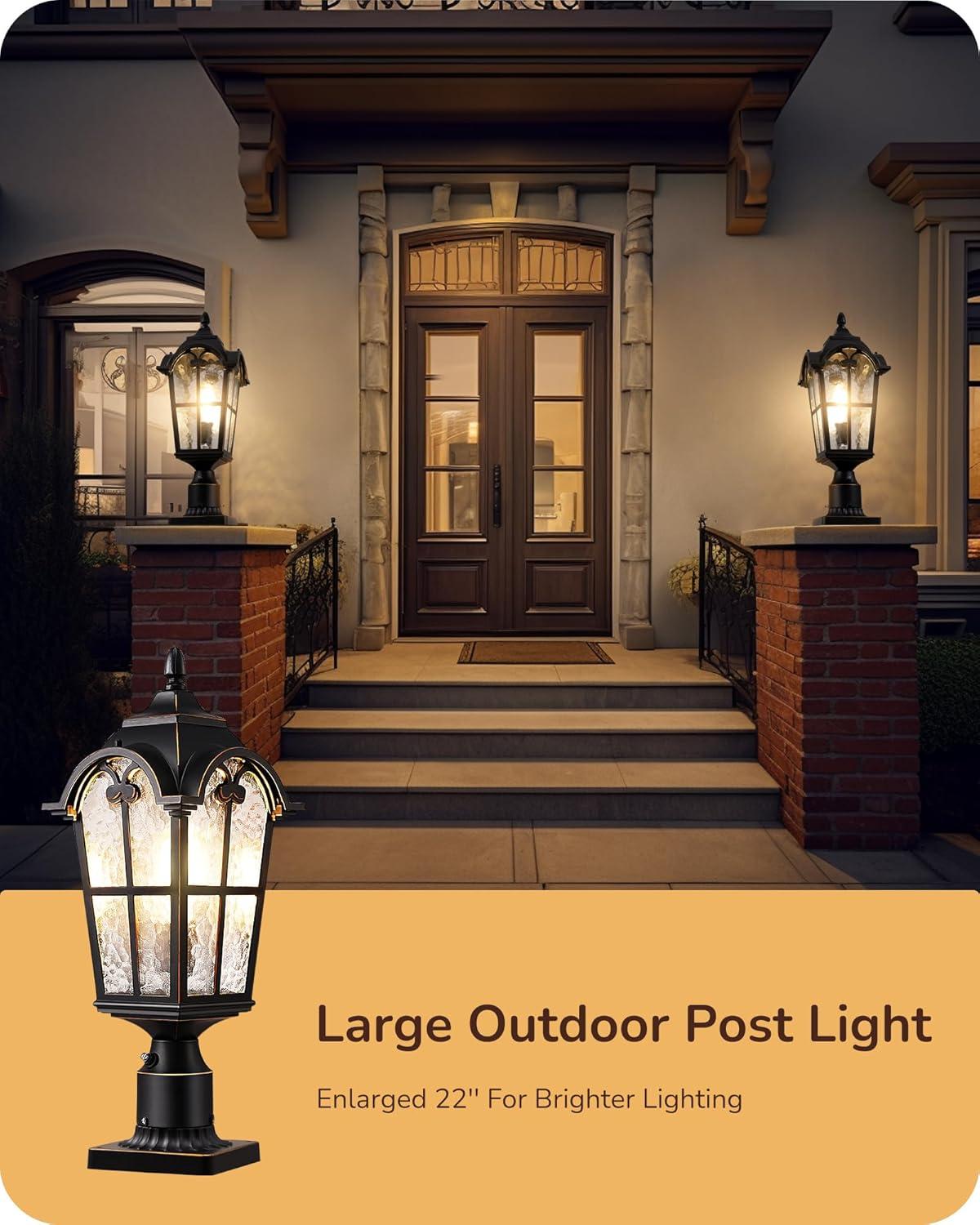 EDISHINE Large Size Dusk to Dawn Outdoor Post Light, 21.9'' H Pole Light Fixture with Pier Mount Base, Waterproof Exterior Lamp Post Lantern Head for Yard, Driveway, Fence, Black