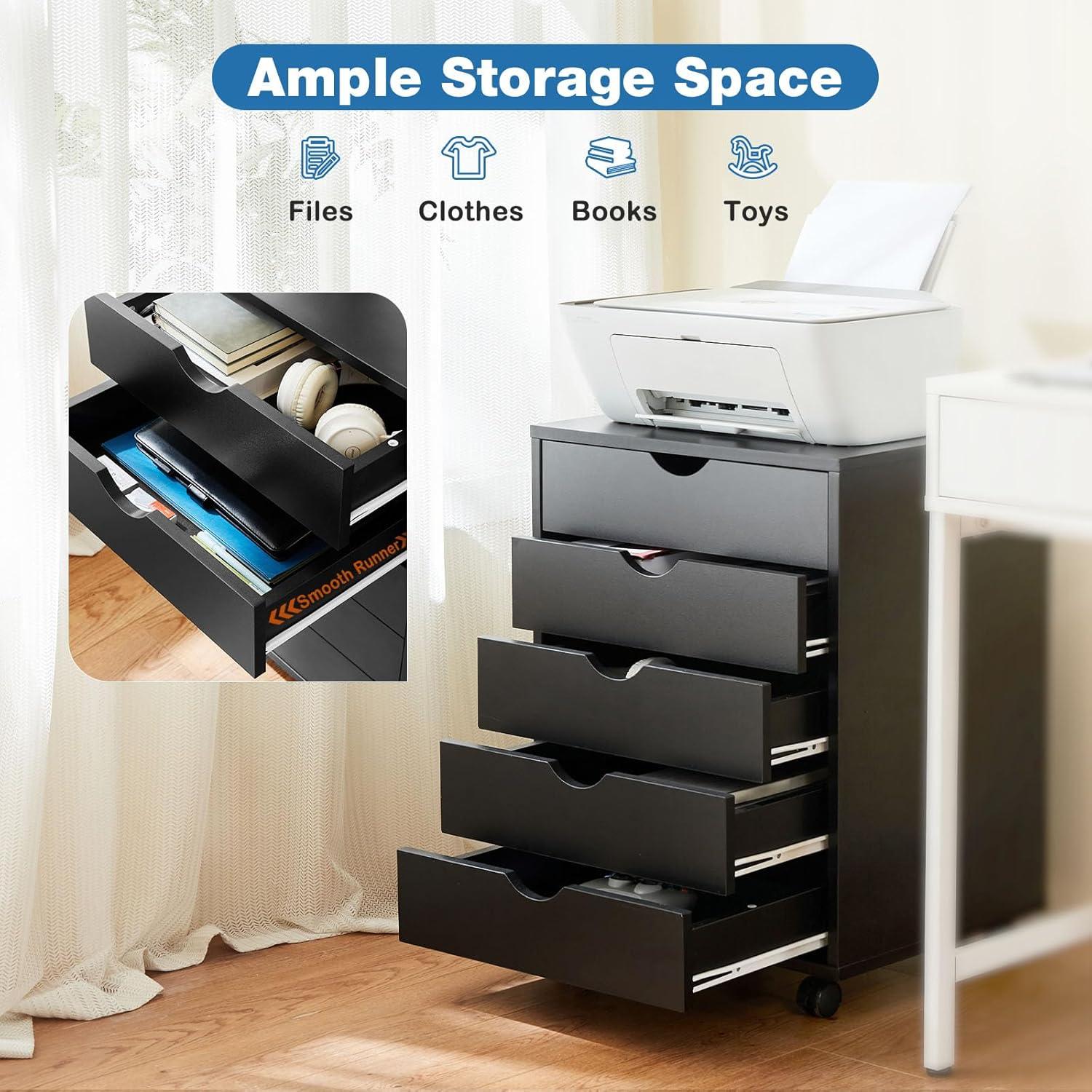 5-Drawer Wood File Cabinet with Wheels, Rolling Storage Organizer for Home Office, 18.74"W x 15.75"D x 25.39"H