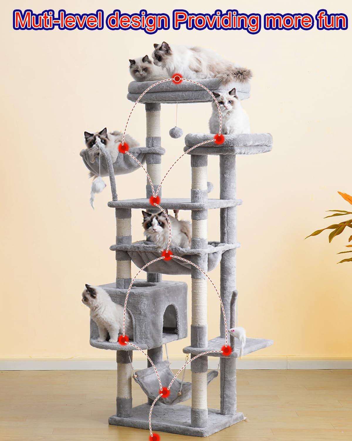 63" Cat Tree For Large Breeds - Spacious Platforms, Hammock, Sisal Scratching Posts & Cat Condo, Indoor Use
