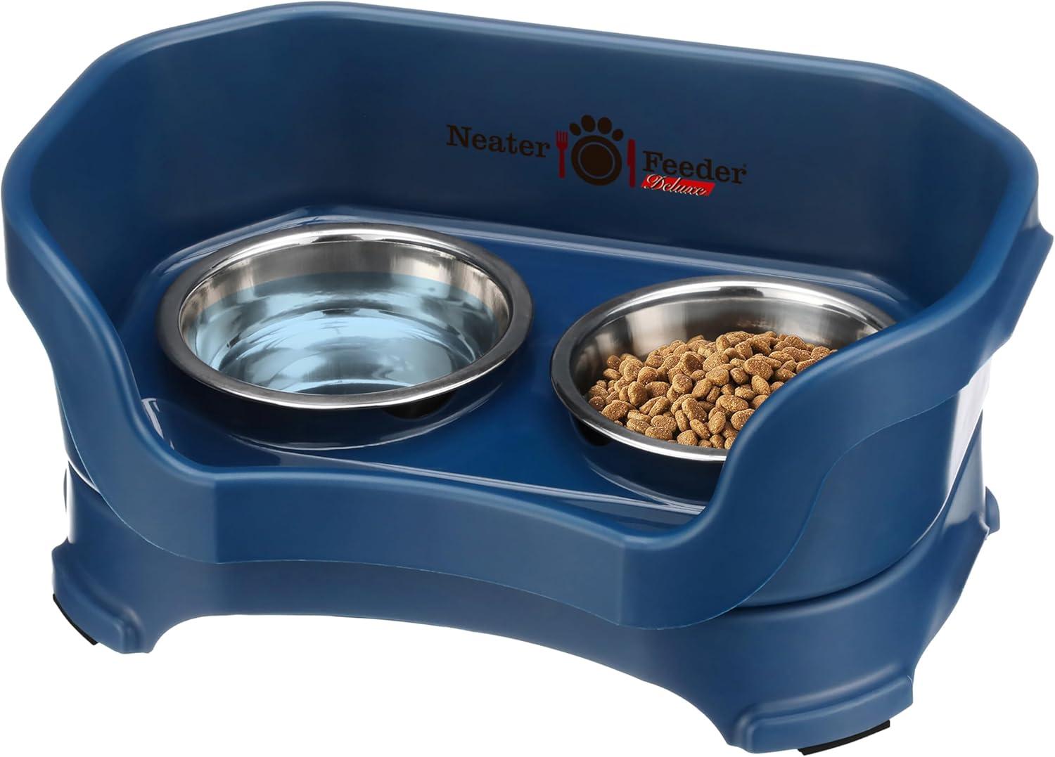 Small Dark Blue Elevated Stainless Steel Dog Feeder