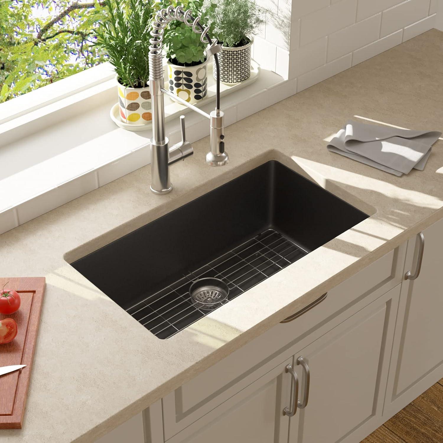 Davivy 33 Inch Black Granite Composite Kitchen Sink Workstation, 33 X 22 Quartz Composite Dual Mount Sink, Matte Black Composite Single Bowl Sink