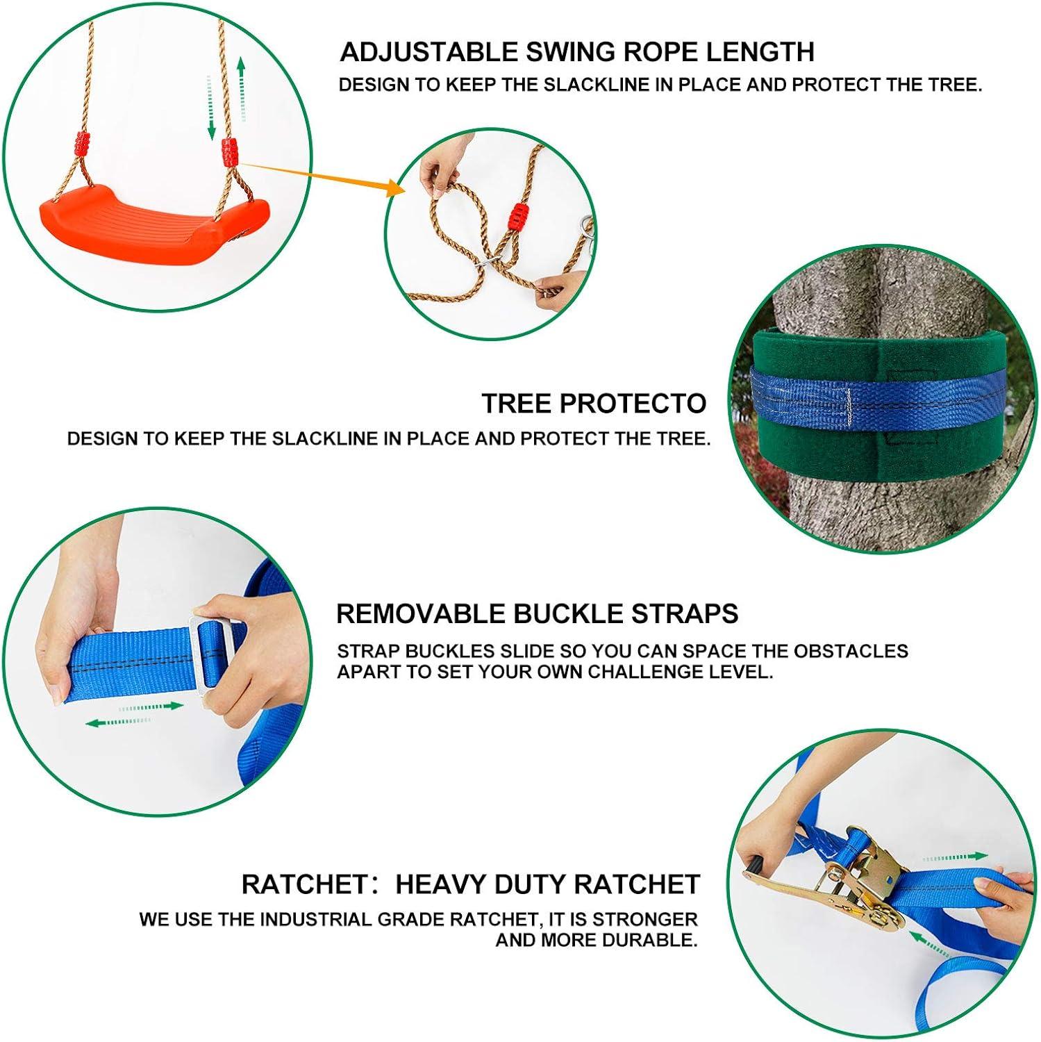Ninja Warrior Obstacle Course Kit for Kids Ninja Slackline with 10 Accessories Monkey Bars, Ladder, Climbing Rope, Gym Rings, Swing, Monkey Fist for Backyard Training Equipment
