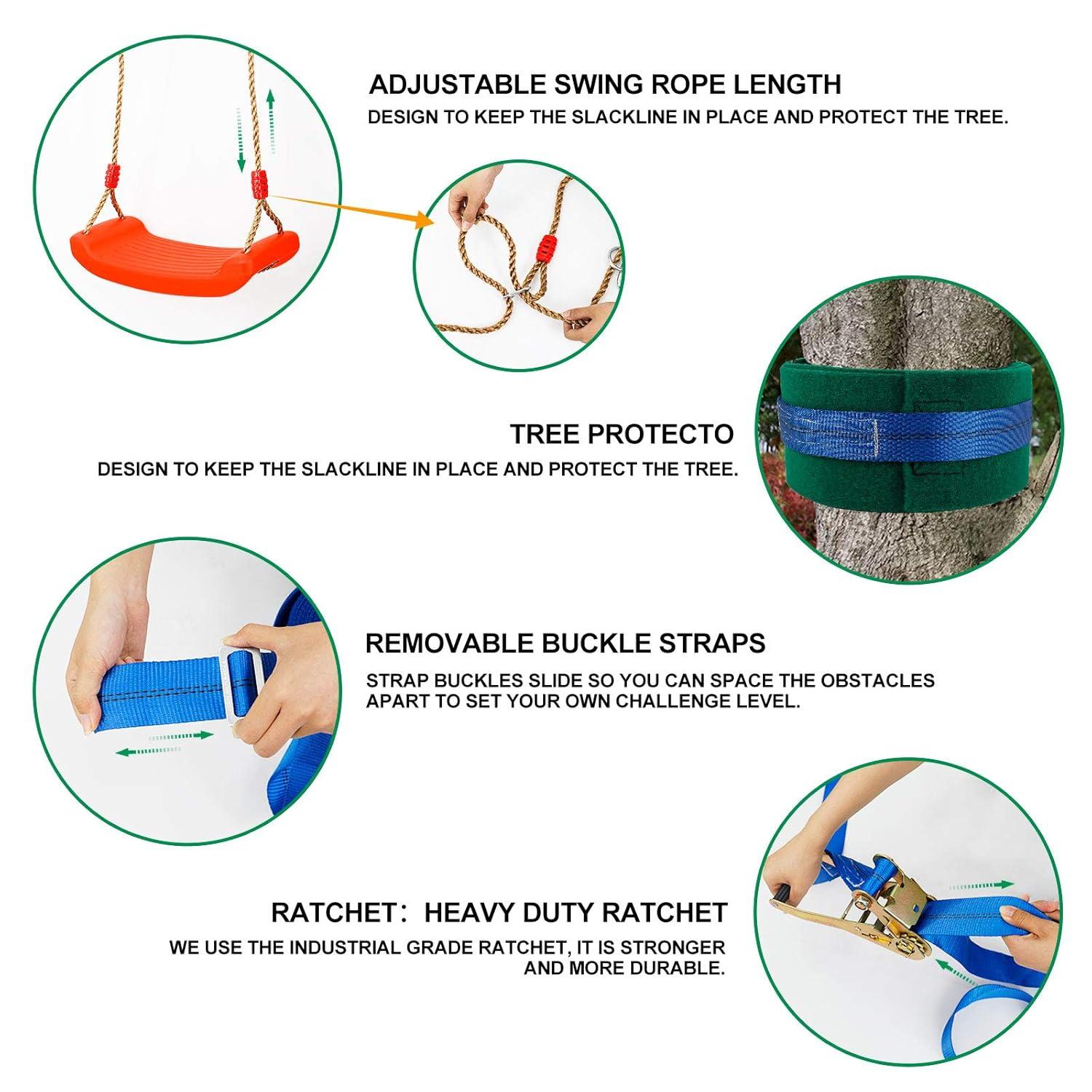 Ninja Warrior Obstacle Course Kit for Kids Ninja Slackline with 10 Accessories Monkey Bars, Ladder, Climbing Rope, Gym Rings, Swing, Monkey Fist for Backyard Training Equipment