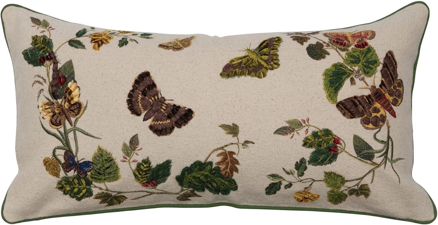 Embroidered Butterfly and Flower Lumbar Pillow with Piping