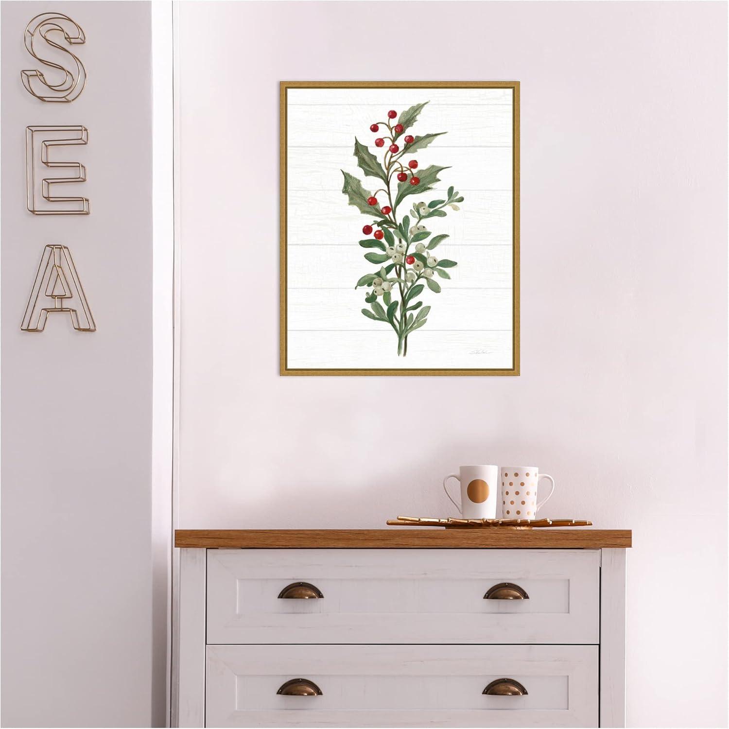 Christmas Holly and Mistletoe Canvas Print with Gold Frame