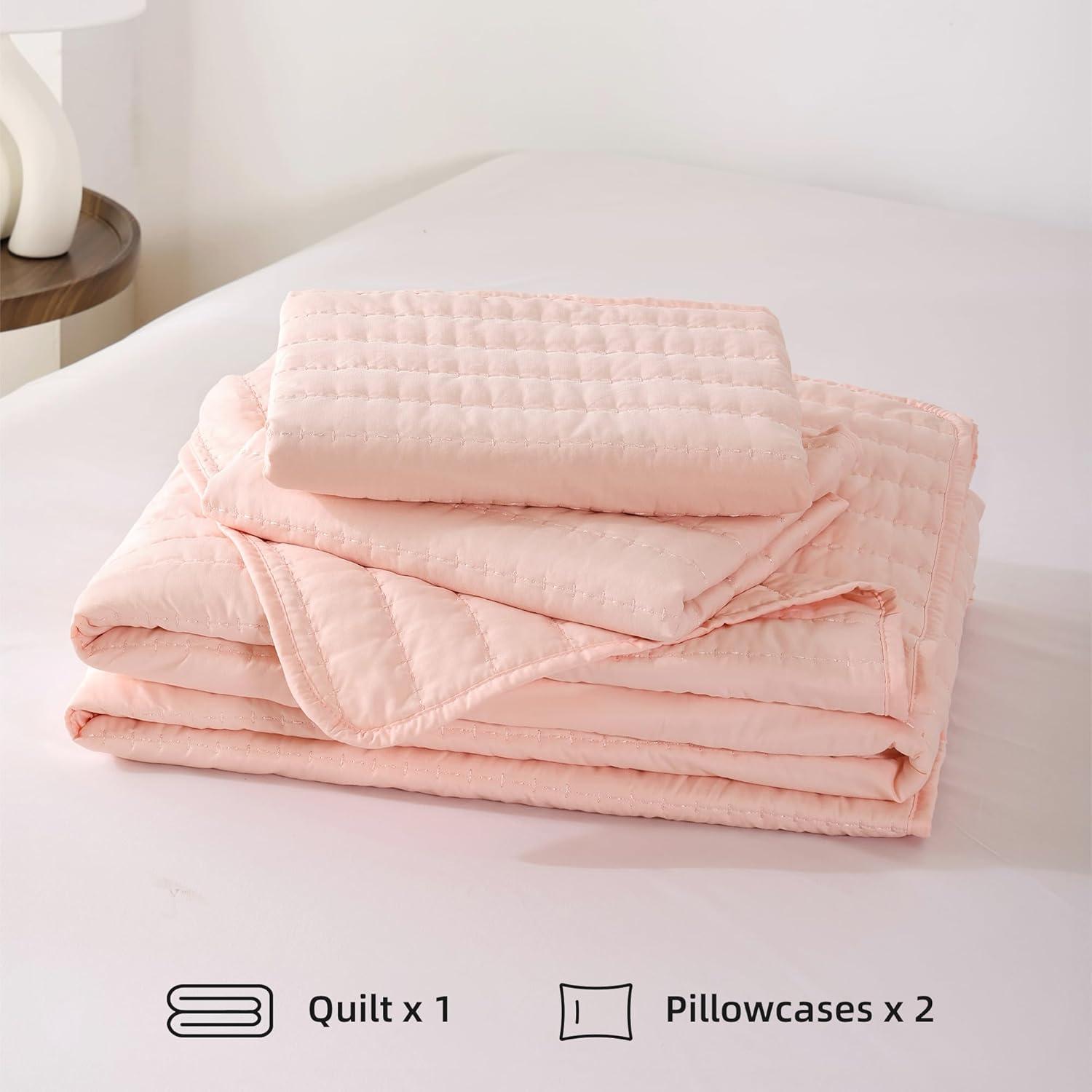 Blush Pink Microfiber Queen Bedspread Set with Pillowcases