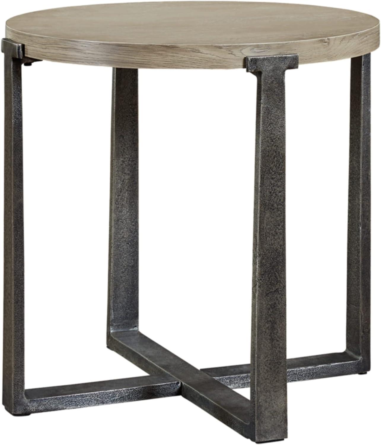 Gray Oak and Aluminum Round Industrial End Table