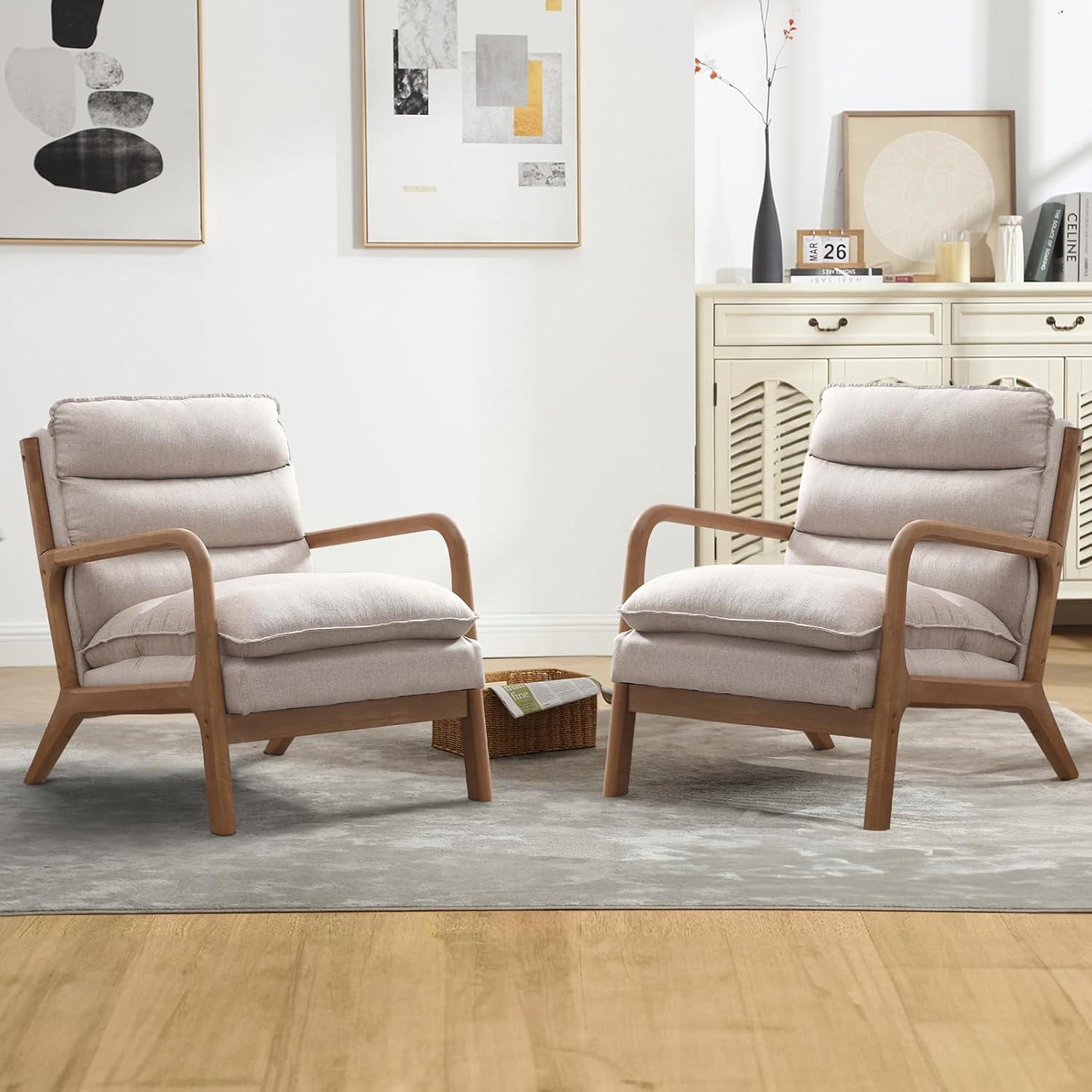 Karl home Accent Chairs Set of 2, Mid-Century Modern Chair with Pillow Upholstered Lounge Arm Chair with Solid Wood Frame & Soft Cushion for Living Room, Bedroom, Balcony, Beige