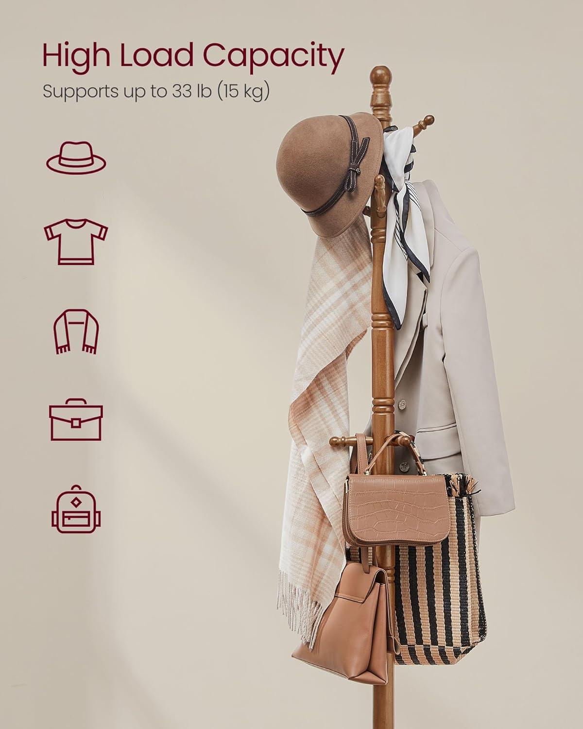 10 Hooks Coat Rack Solid Wood Coat Stand Free Standing Coat Tree for Coats Hats Bags Purses for Entryway Bedroom Rubber wood Dark Walnut