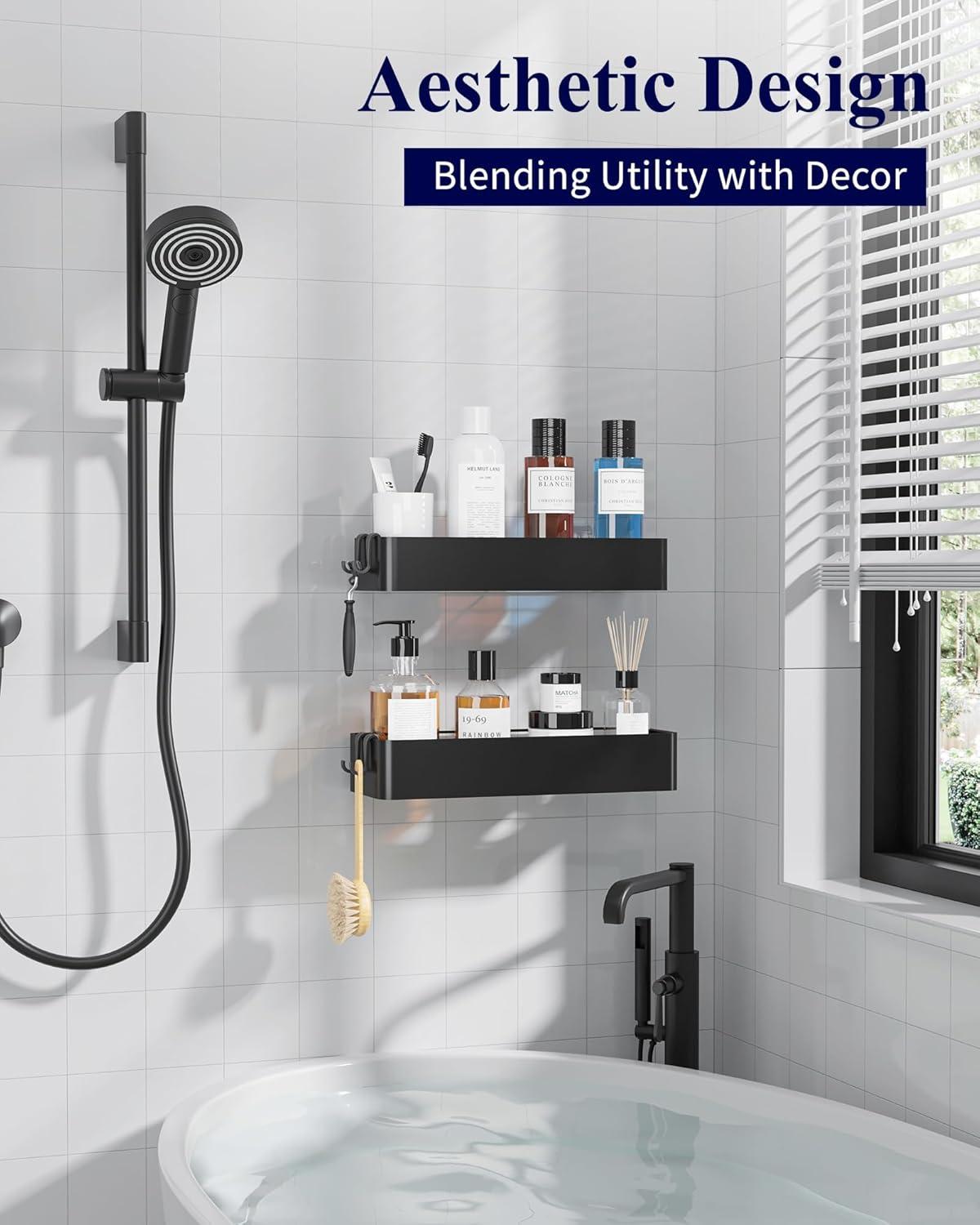 Kitsure X-Large Shower Caddy - 2 Pack Adhesive Shower Organizer, Rustproof Metal Shelves, No-Drill Bathroom Organizers and Storage, Black