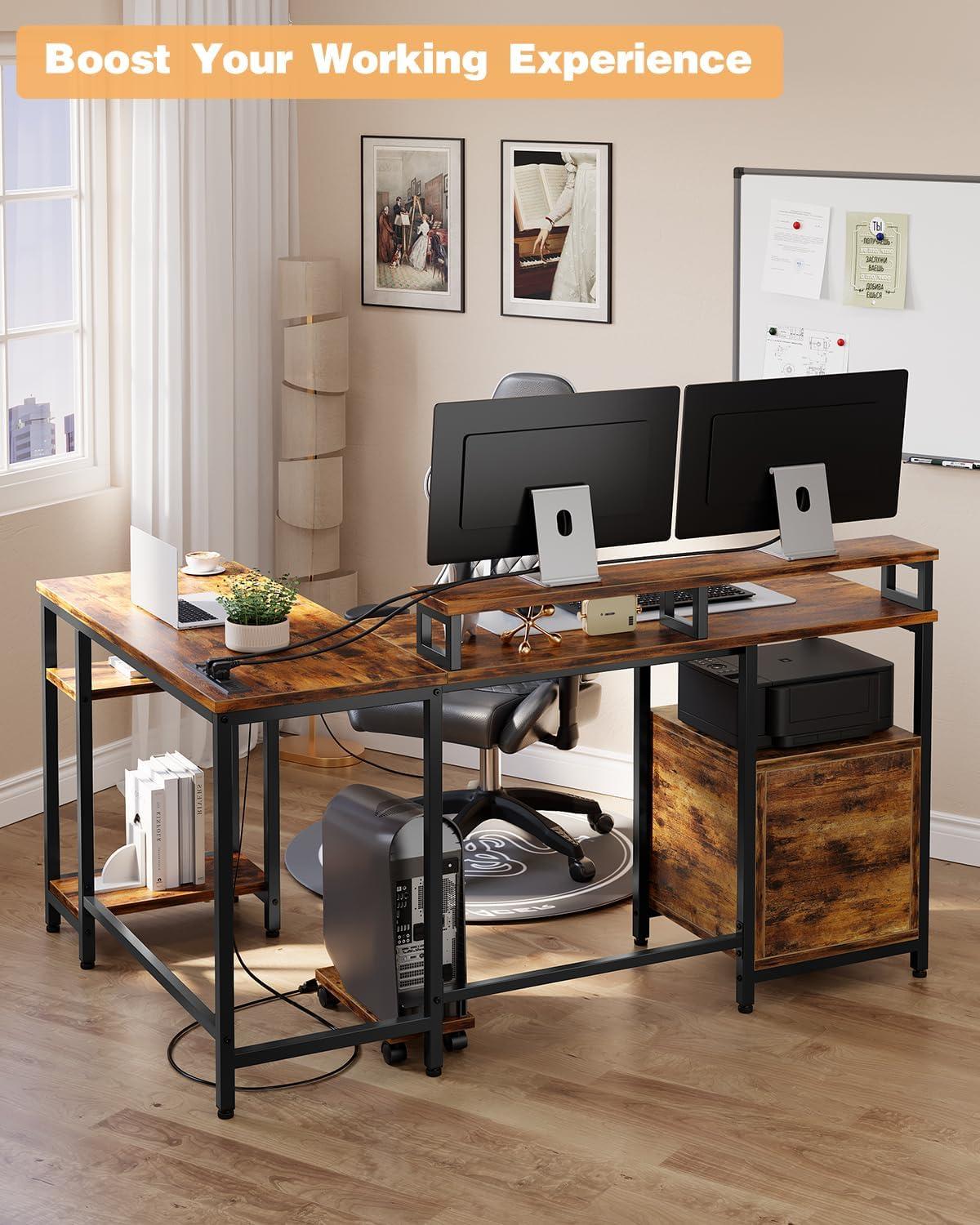 FOLDLIFE 67" L-Shaped Computer Desk with Power Outlet, File Drawer, Monitor Stands, and Adjustable Shelves for Home Office and Gaming,Brown