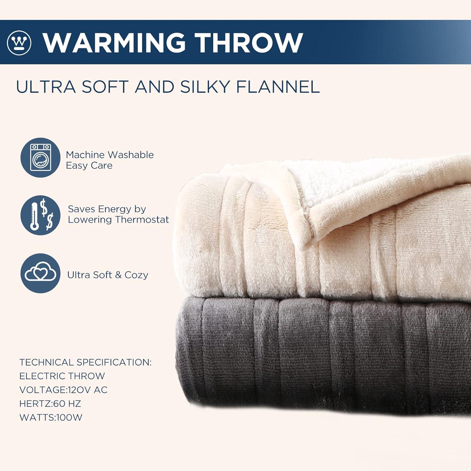 Westinghouse Electric Blanket Heated Blanket | 10 Heating Levels & 1 to 12 Hours Heating Time Settings | Flannel to Sherpa Reversible 84x90 Queen Size | Machine Washable - Beige