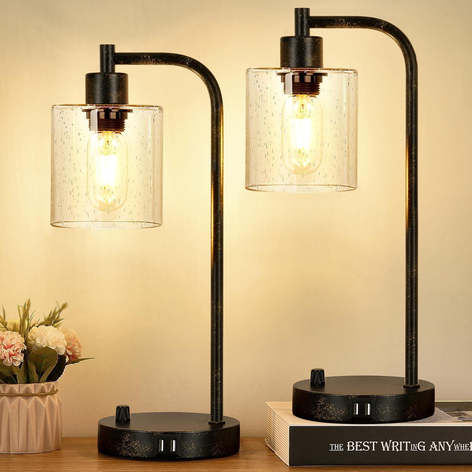 Set of 2 Black Industrial Table Lamps with Glass Shade and USB Ports