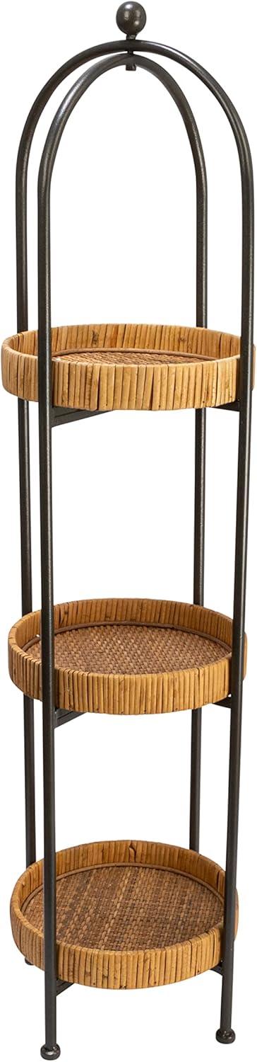 Storied Home Boho Bamboo-Style Metal Plant Stand or Shelf with Removable Rattan Trays, Natural