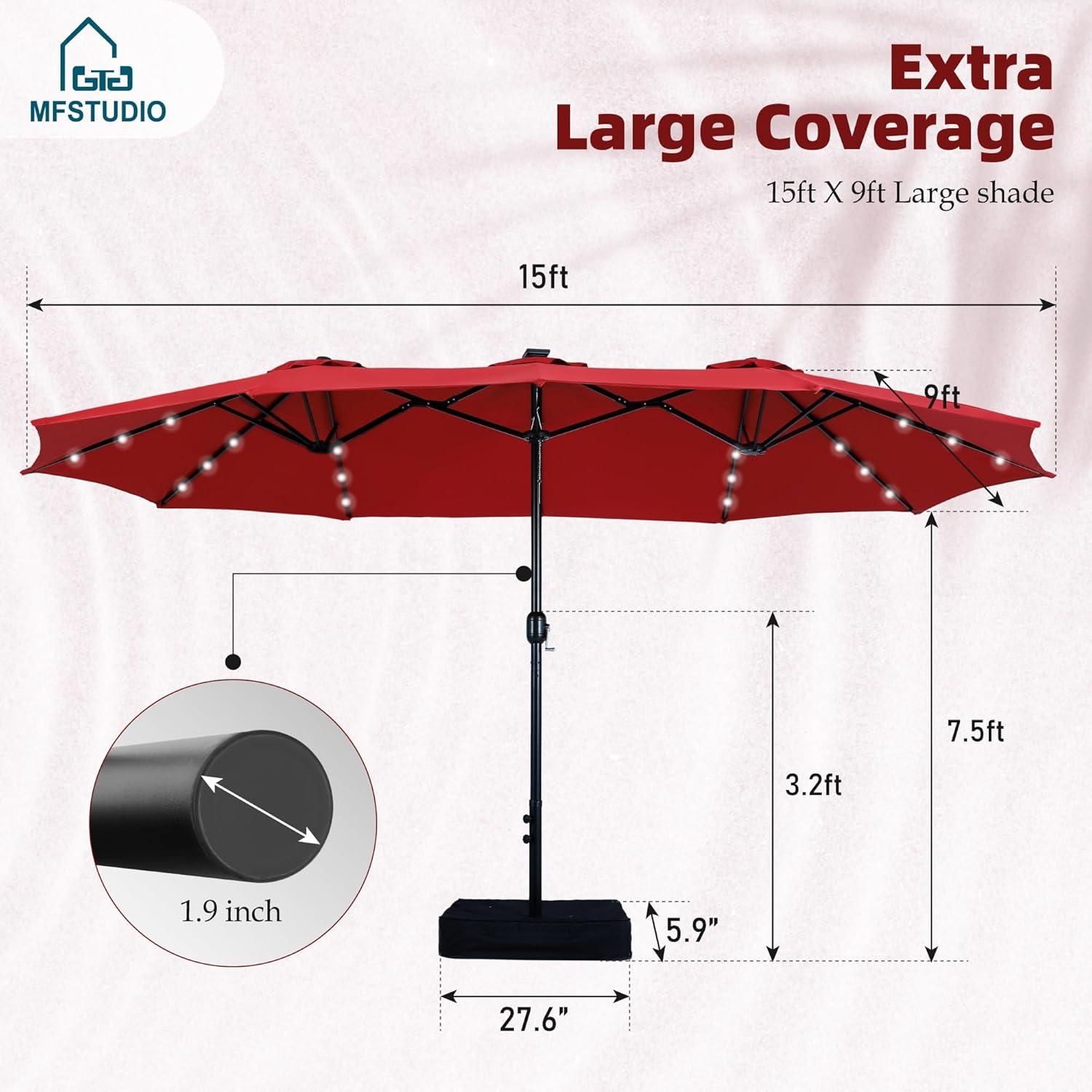 Summit Living 15ft Double-Sided Solar Patio Umbrella with Base Large Outdoor Table Umbrella with LED Solar lights Red