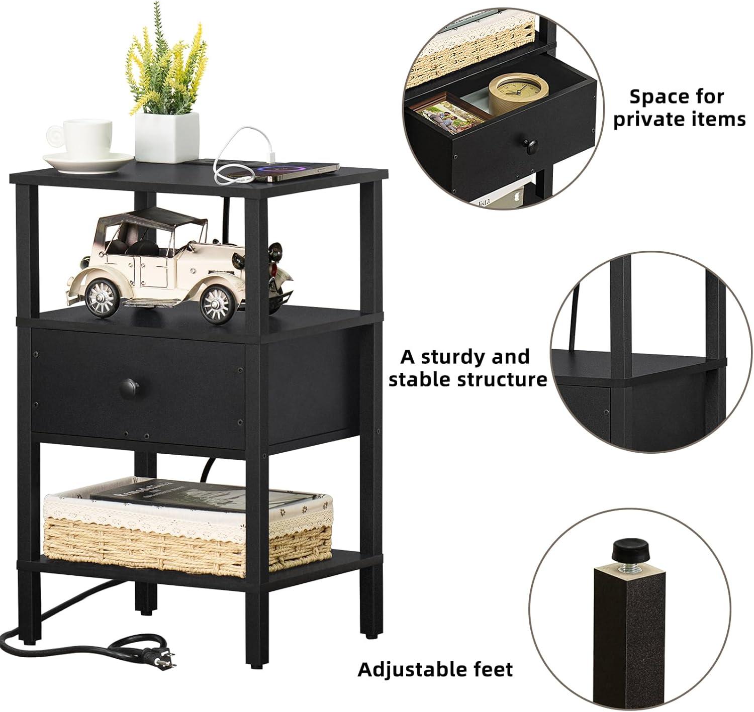 Black Wood 3-Tier Nightstand with Charging Station