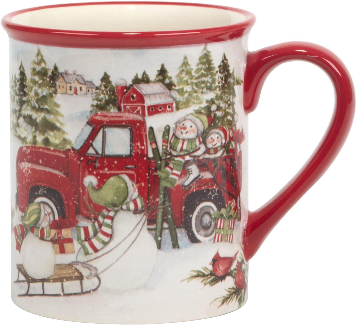 Set of 4 Red Truck Snowman 16oz Drinkware Mugs - Certified International