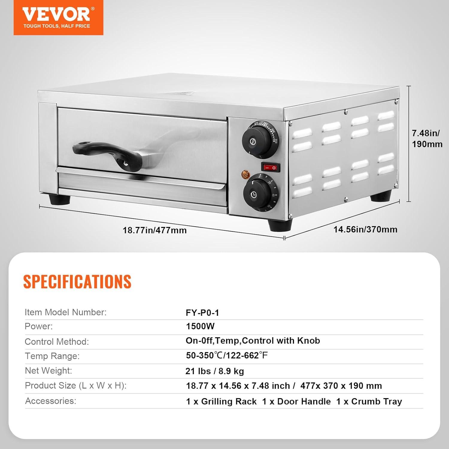 VEVOR Electric Pizza Oven for Countertops, 12-inch, 1500W, with Temp Control & 0-120 Min Timer, Even Baking Technology & Easy Clean Crumb Tray
