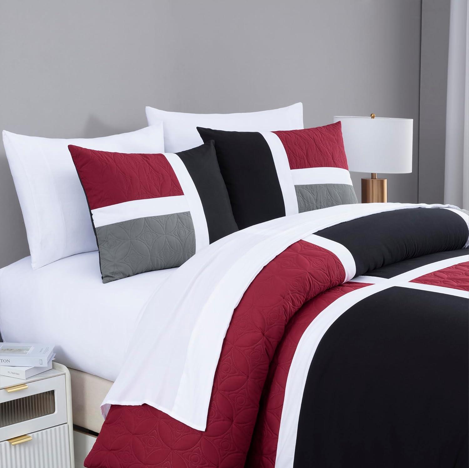 Chezmoi Collection Bernard 7-Piece King Bed in a Bag Comforter Set with Sheets, Lightweight Comforter Red Gray Black Patchwork Quilted Medallion Bedding Set for All Season