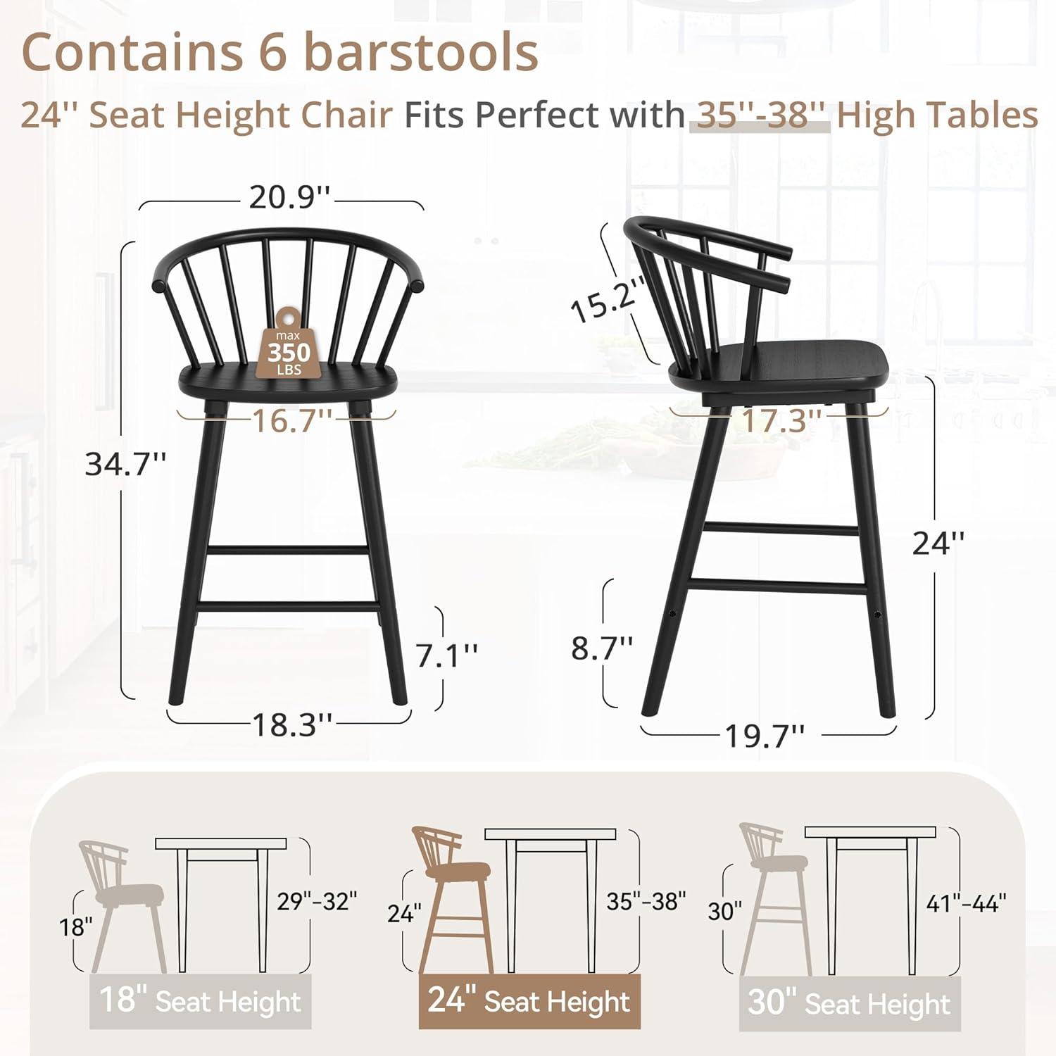Winson Windsor 24 in. Black Solid Wood Bar Stool for Kitchen Island Counter Stool with Spindle Back Set of 6