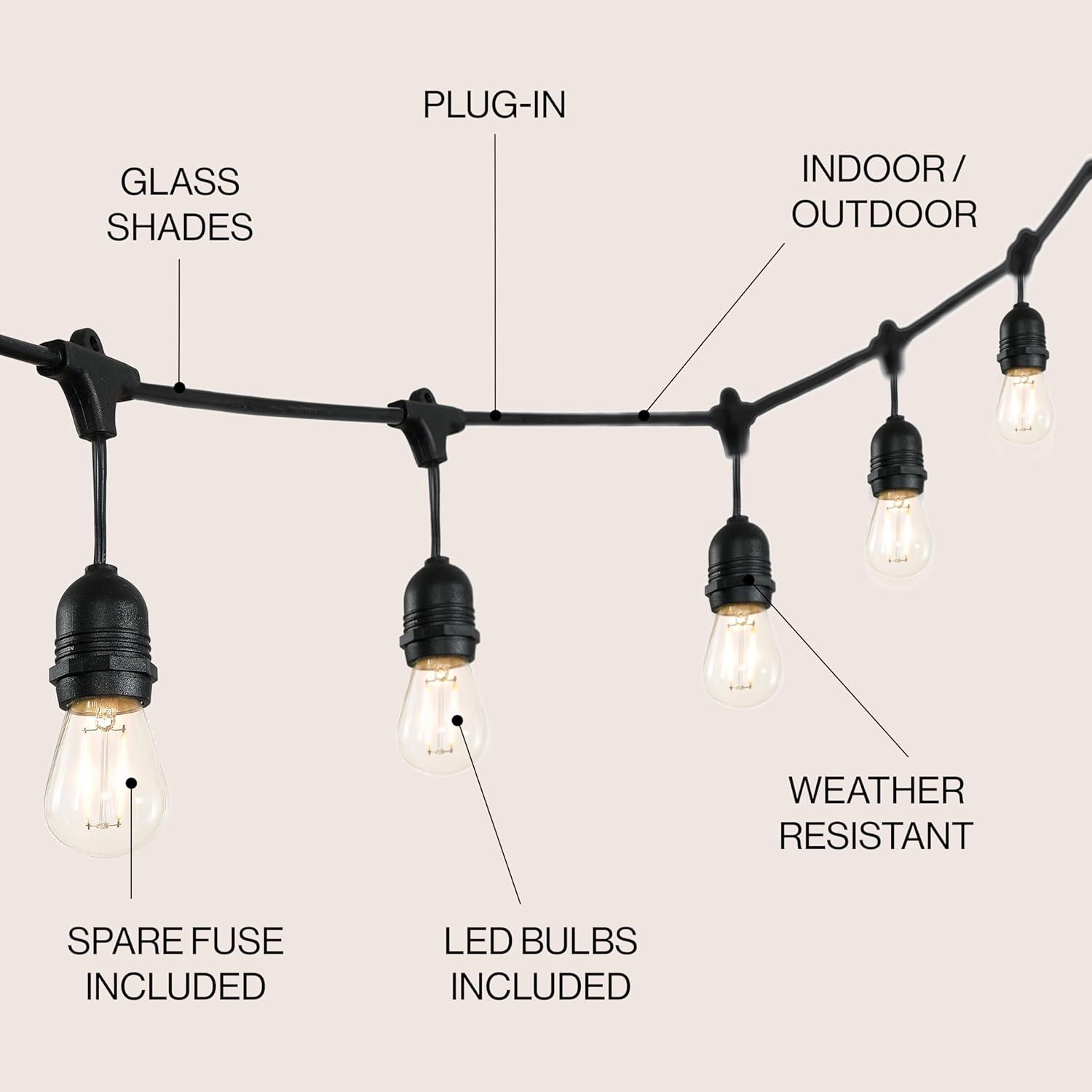 48FT Black Outdoor Commercial Globe String Lights with Warm White Bulbs