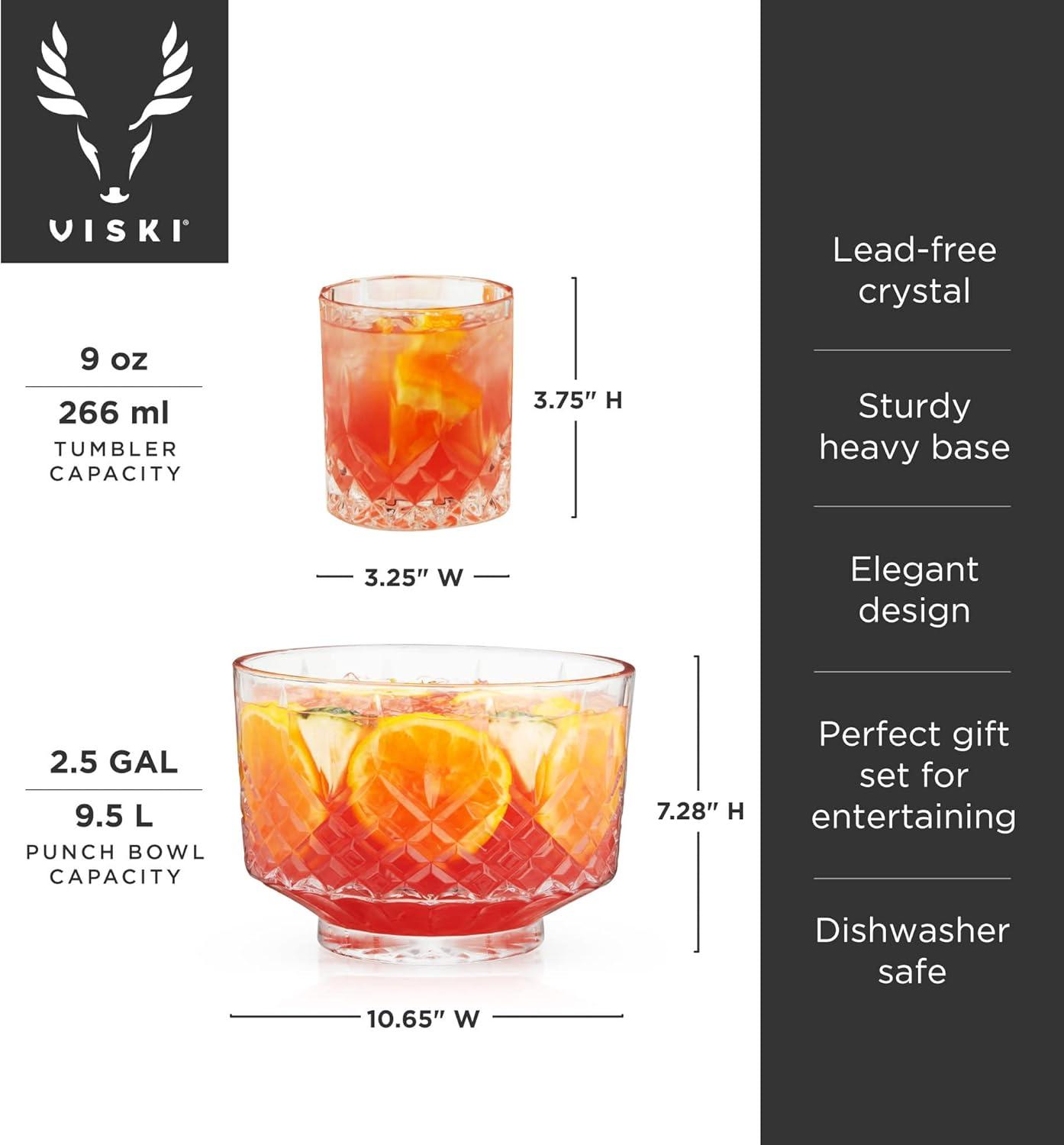 Viski Admiral Crystal Punch Bowl and Tumbler Set