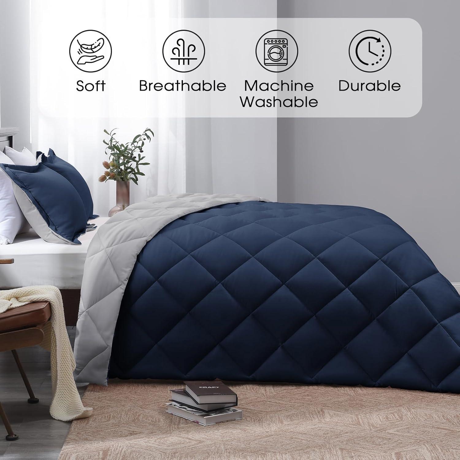 Navy and Light Gray Reversible Queen Microfiber Comforter Set