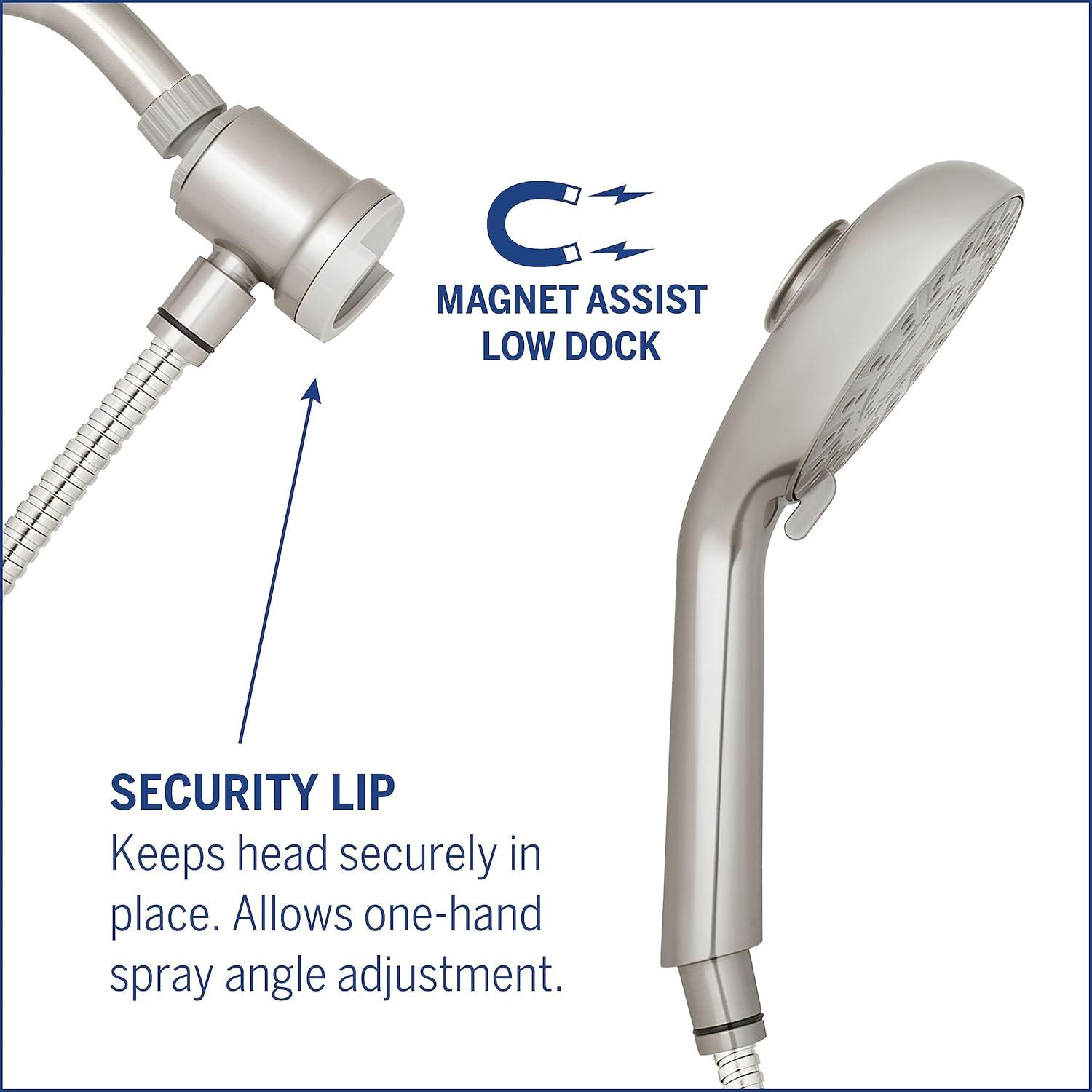 Waterpik Magnetic Dual Dock Adjustable Height Hand Held Shower Head With 5-Foot Metal Hose and PowerPulse Shower Massage, Brushed Nickel QMP-869ME