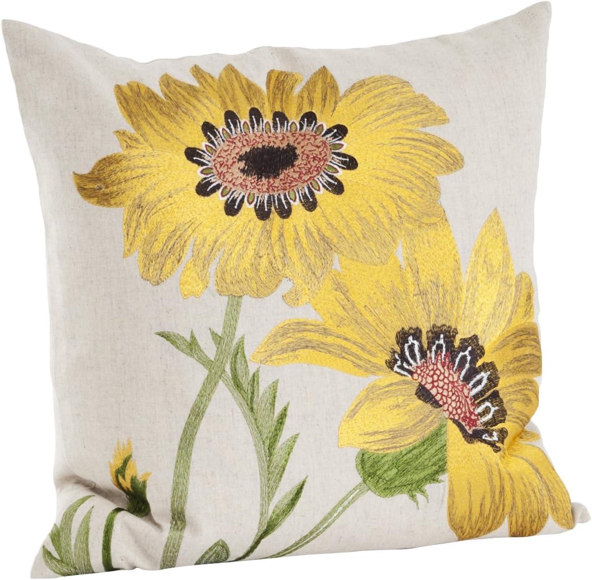 Yellow Floral Embroidered Cotton Linen Square Throw Pillow