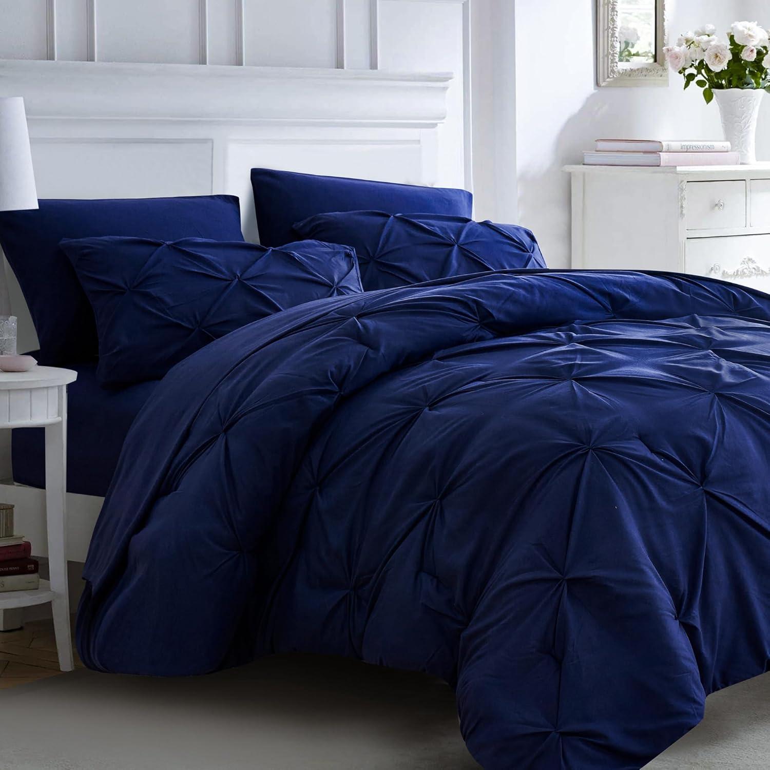 Virtu Queen Comforter Set, 7pc Bed in a Bag, Pleated Bedding Comforter Sets with Sheets, Navy