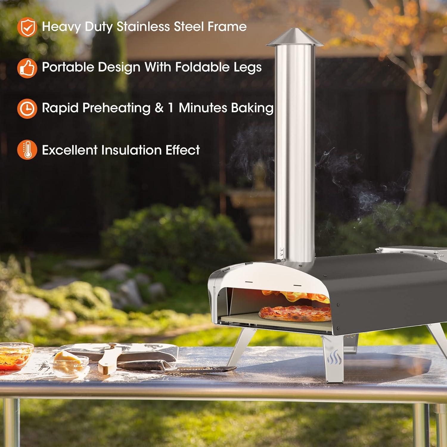 Portable Black Stainless Steel Wood-Fired Outdoor Pizza Oven with Stone