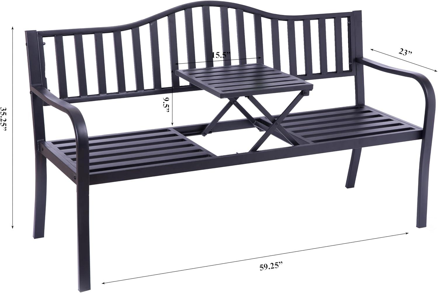 Outdoor Powder Coated Steel Park Bench, Garden Bench with Pop Up Middle Table, Lawn Decor Seating Bench for Yard, Patio, Garden, Balcony, and Deck