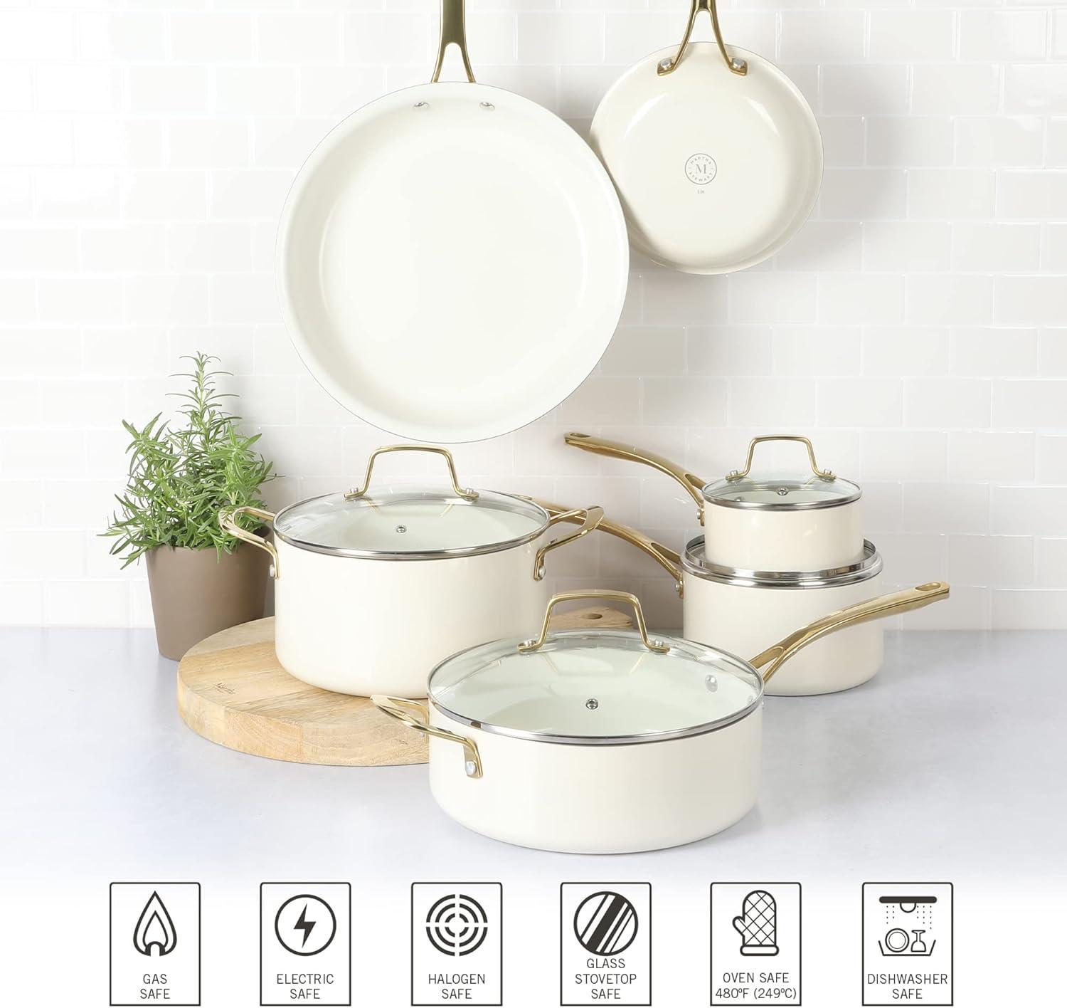 Martha Stewart 10pc Lockton Premium Nonstick Ceramic Enamel Aluminum Set Linen White: Skillets & Fry Pans, Cooktop Compatible