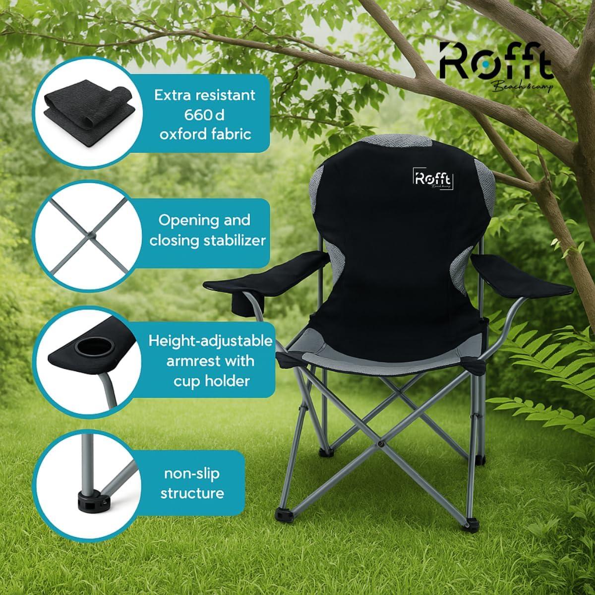 ROFFT Camping Chair, Folding, Heavy Duty, Portable, 250 lb Capacity, High Back, with Cup Holder, Black