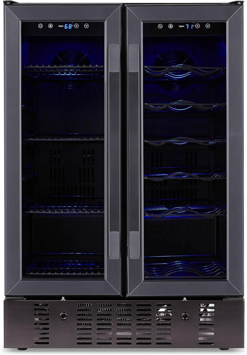 Newair 24" Wine and Beverage Refrigerator and Cooler, 18 Bottle and 60 Can Capacity, Built-in Dual Zone Fridge in Black Stainless Steel