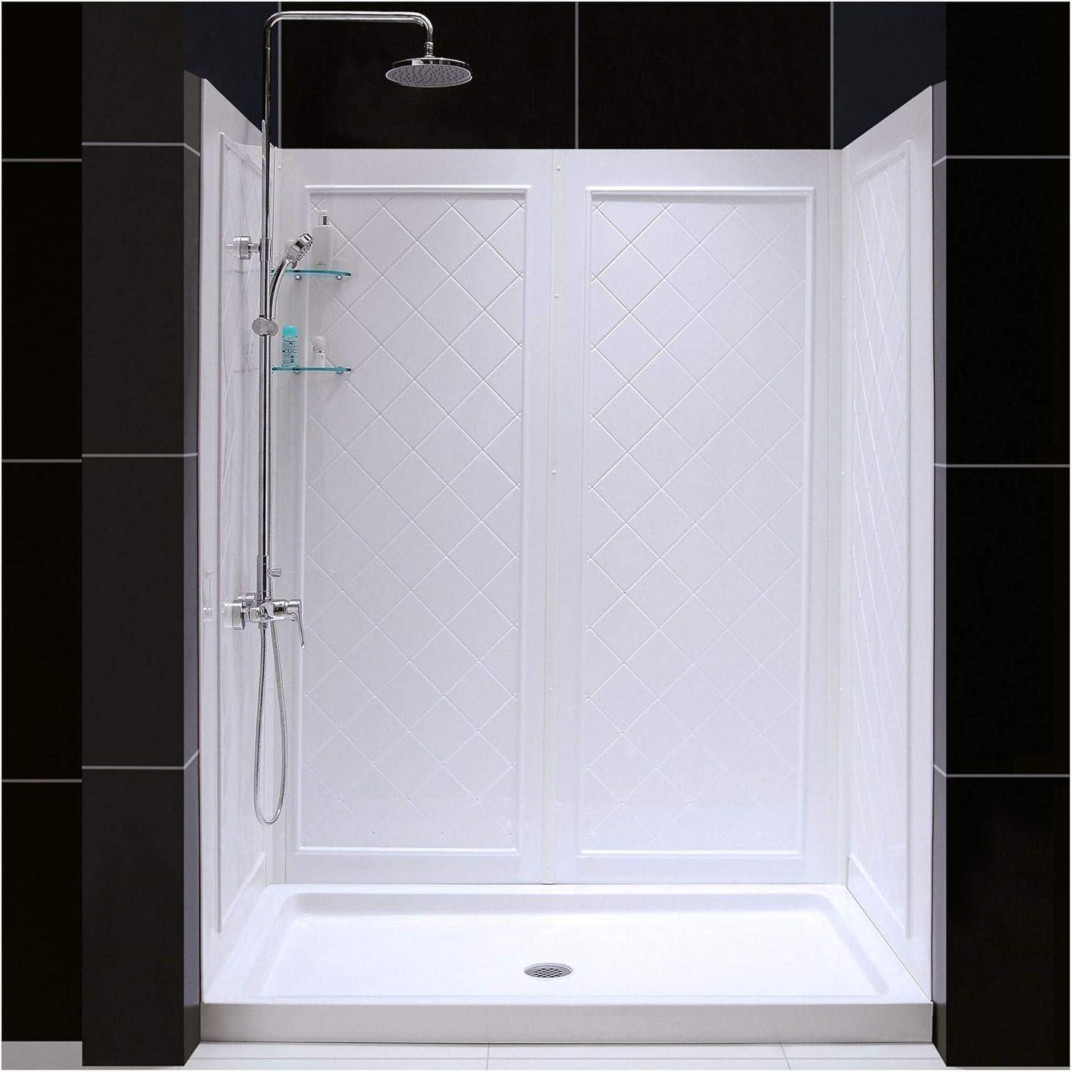 White Acrylic Alcove Shower Kit with Tile Pattern Walls