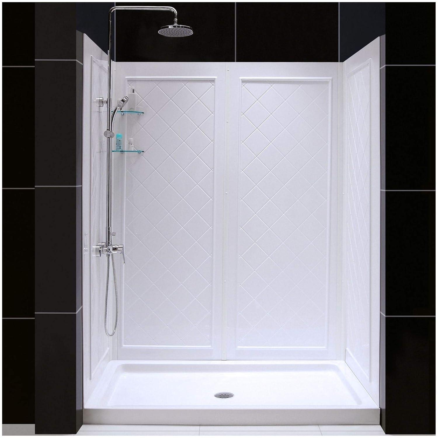 Qwall 32" D x 60" W x 76 3/4" H Left Drain Acrylic Shower Base and Wall Kit in White