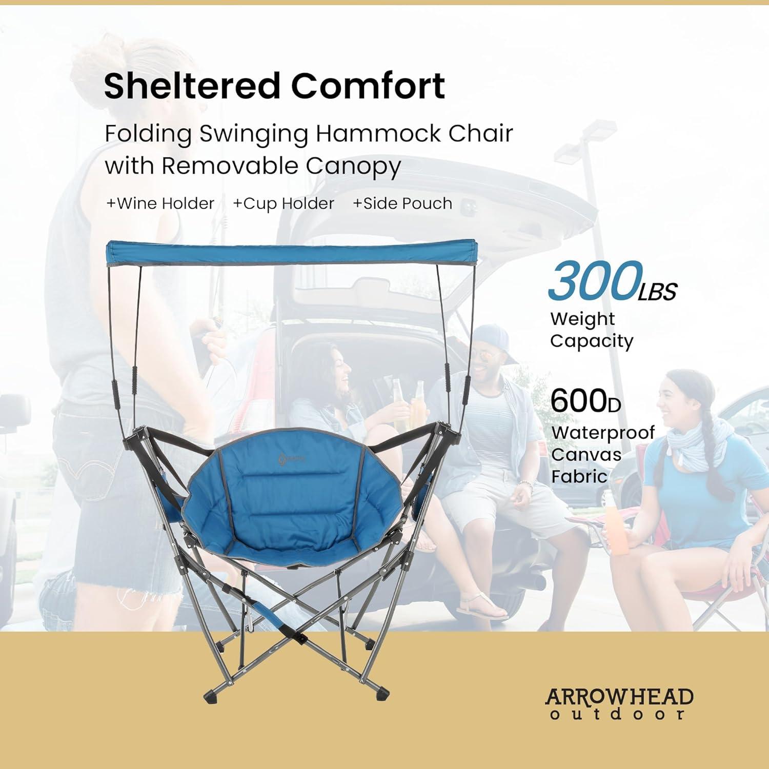 ARROWHEAD OUTDOOR Folding Swinging Hammock Camping Chair, w/ Canopy, Cup Holder, Storage Pouch, Carrying Bag, Blue