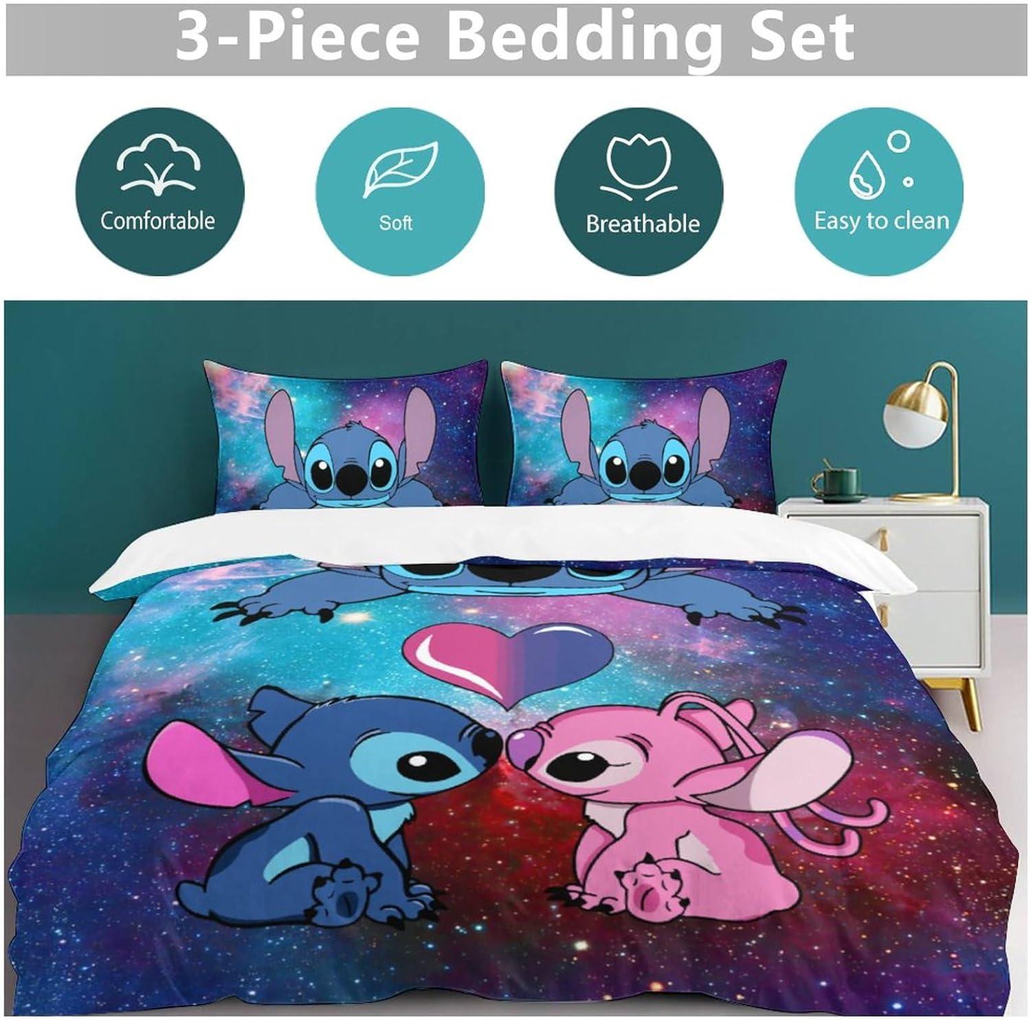 Twin Size Blue and Pink Cartoon Galaxy Bedding Set