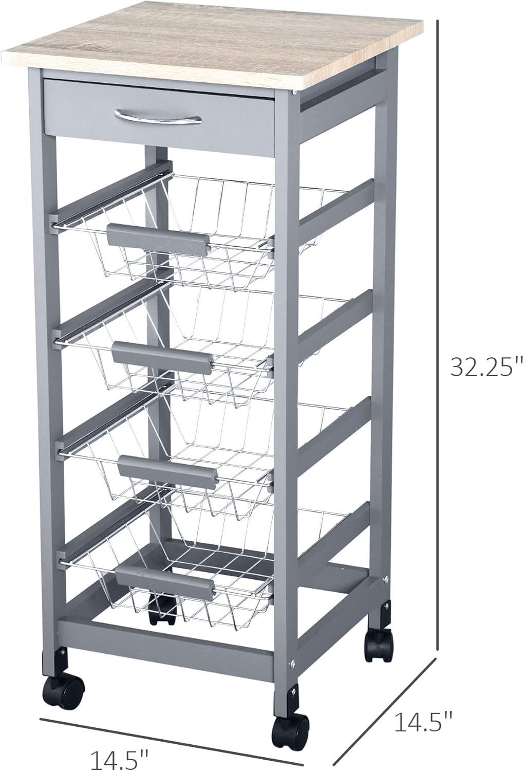 HOMCOM 32.25" Wooden Rolling Kitchen Storage Cart, Trolley Cart on 360° Swivel Wheels with Storage Drawer, Gray