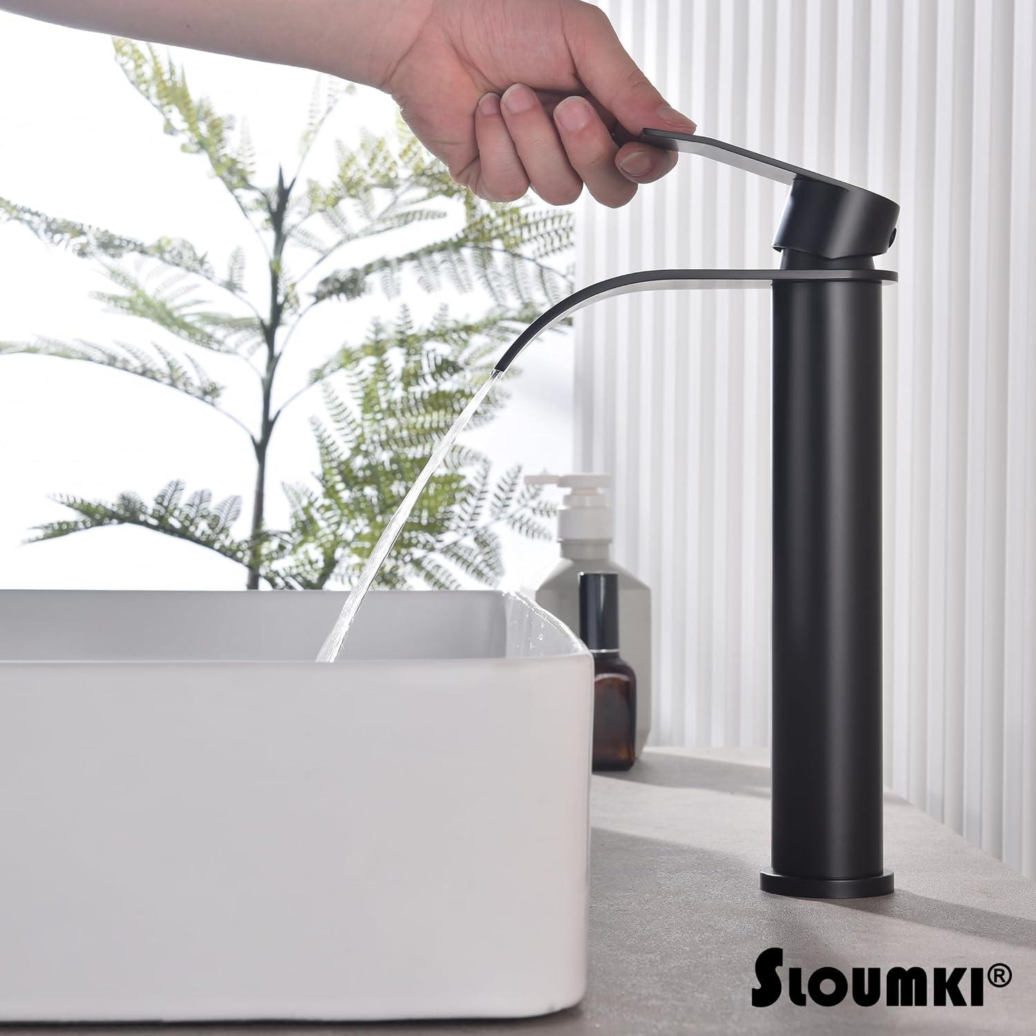 Waterfall Bathroom Faucet Single Handle，Bathroom Sink Faucet 1 Hole，Waterfall Faucet for Bathroom Sink，Vessel Sink Faucet Matte Black Tall Bathroom Faucet