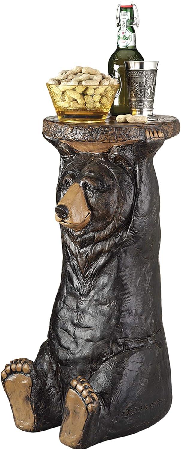 Rustic Black Bear Resin Pedestal Table, 24 Inches High