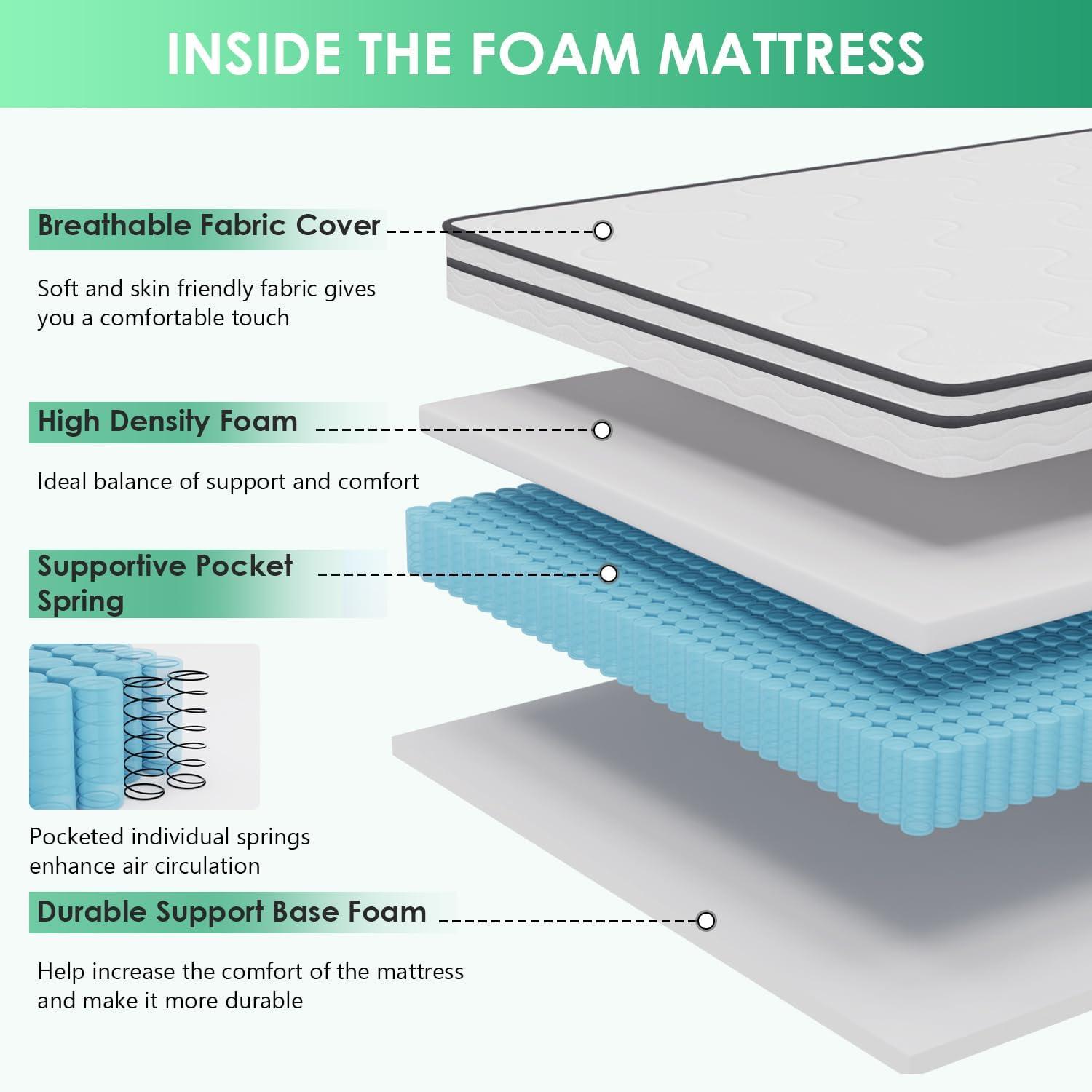 FDW 6 Inch Hybrid Mattress with Innerspring and Foam/Fiberglass Free/Medium Firm Spring Mattress/Mattress in a Box/CertiPUR-US Certified